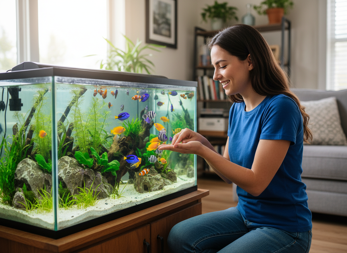 A smiling woman wearing a blue t-shirt and jeans crouches in a customer's living room, interacting feeding colourful fish at the surface of a large, well-decorated aquarium.