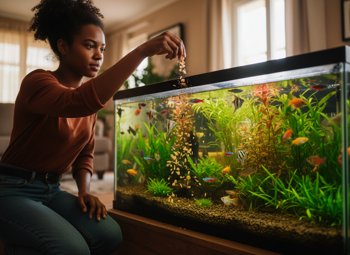 A woman sprinkles fish food into a large home aquarium filled with green aquatic plants and colourful tropical fish in a sunlit living room.