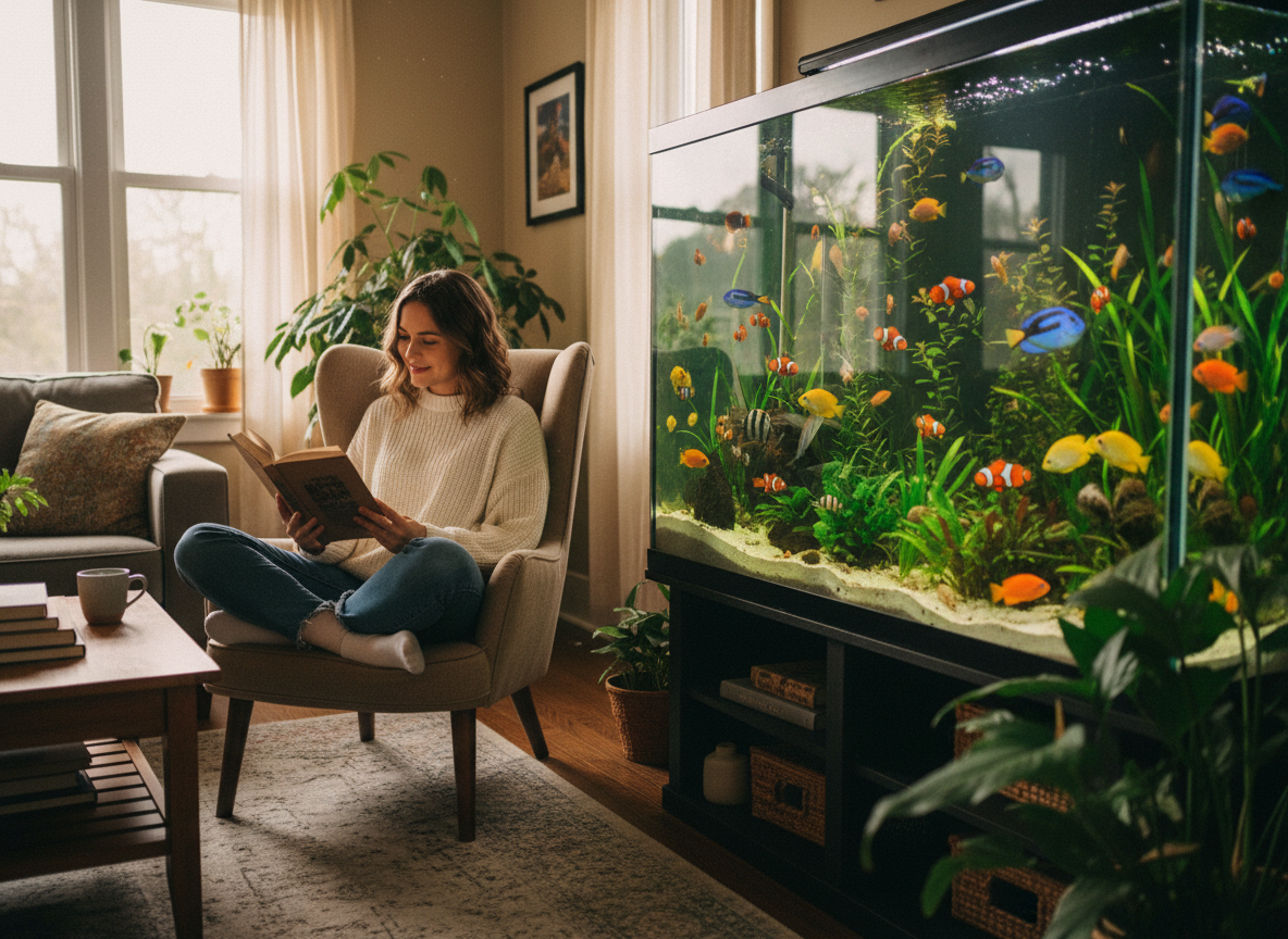 A woman sits comfortably in an armchair, engrossed in a book. She is in a cozy living room, which features a large, vibrant aquarium teeming with colourful fish and aquatic plants. The room is well-lit and includes other household plants and furniture.
