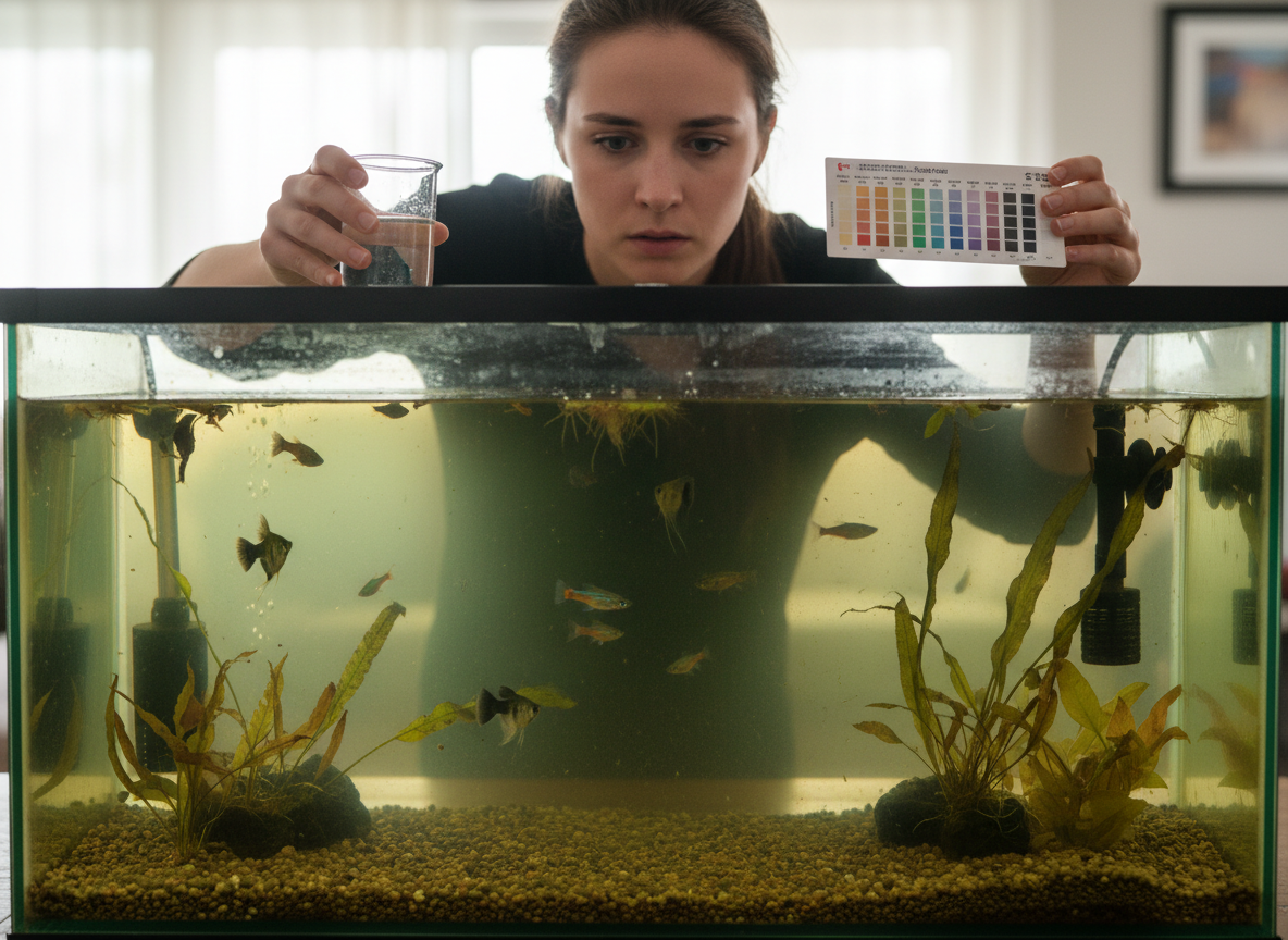 A woman is comparing a glass of water to a colour chart to test the water quality of a fish tank.